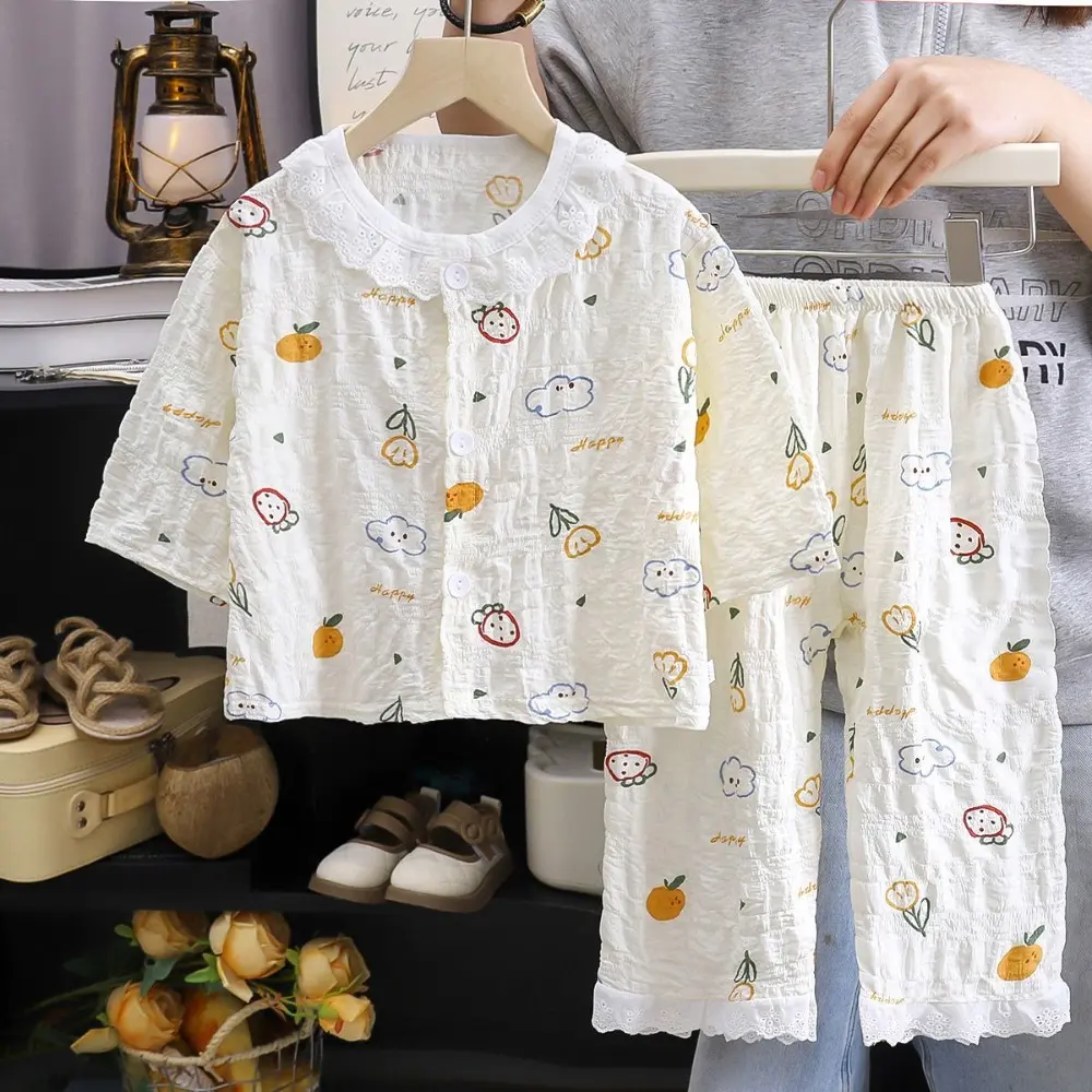 Bear Leader Girls Pajamas Spring/Autumn Long Sleeved Kids Home Clothes Lace Round Neck Cartoon Printed Single Breasted Top+Pants