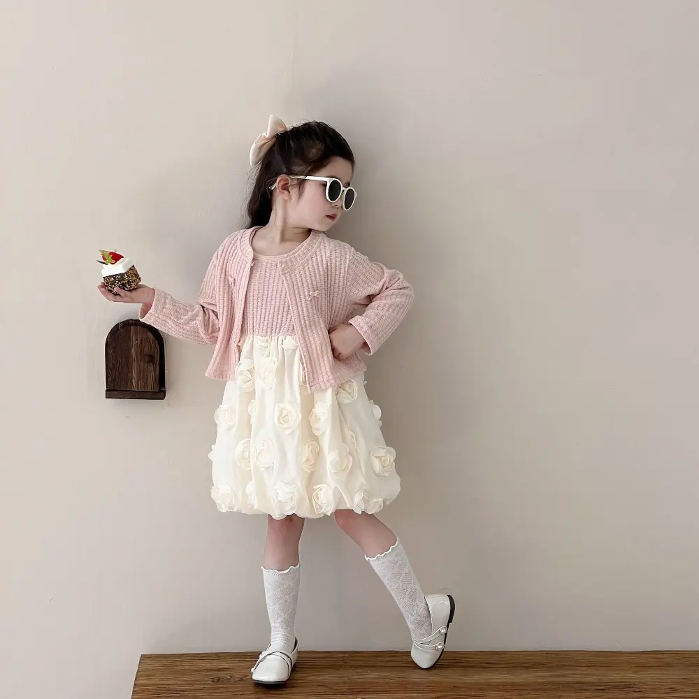 Bear Leader Spring Baby Girl Clothes 3D Flower Splicing Tank Top Princess Dress + Long Sleeves Coat Pink Sweet Children's Set