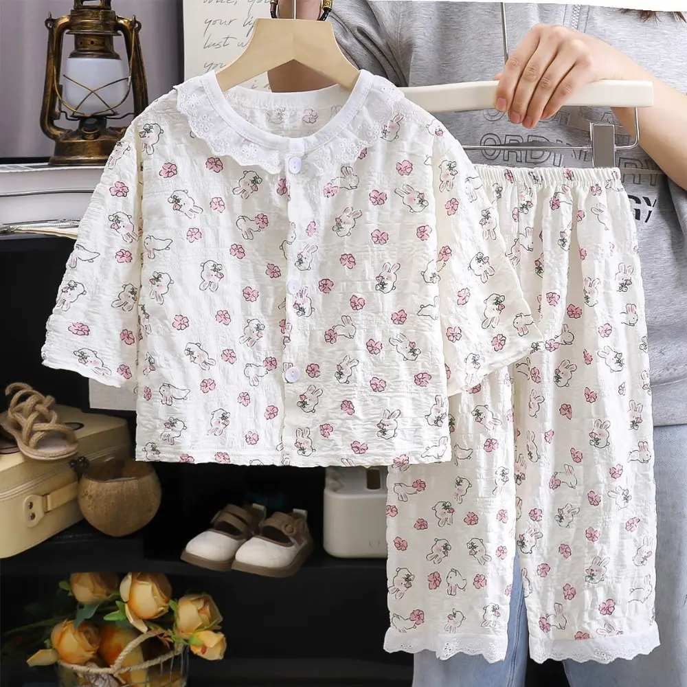 Bear Leader Girls Pajamas Spring/Autumn Long Sleeved Kids Home Clothes Lace Round Neck Cartoon Printed Single Breasted Top+Pants
