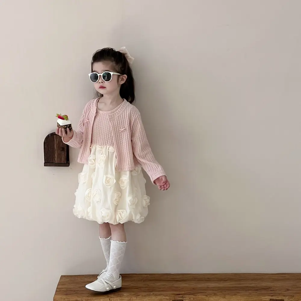 Bear Leader Spring Baby Girl Clothes 3D Flower Splicing Tank Top Princess Dress + Long Sleeves Coat Pink Sweet Children's Set