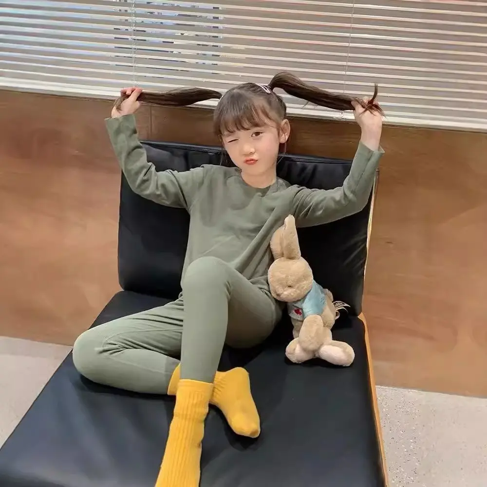 Bear Leader Autumn Solid Color New Girls Suit Long Sleeved Round Neck Top+Pants Basic 2 Pcs Set Spring Home Children's Clothing