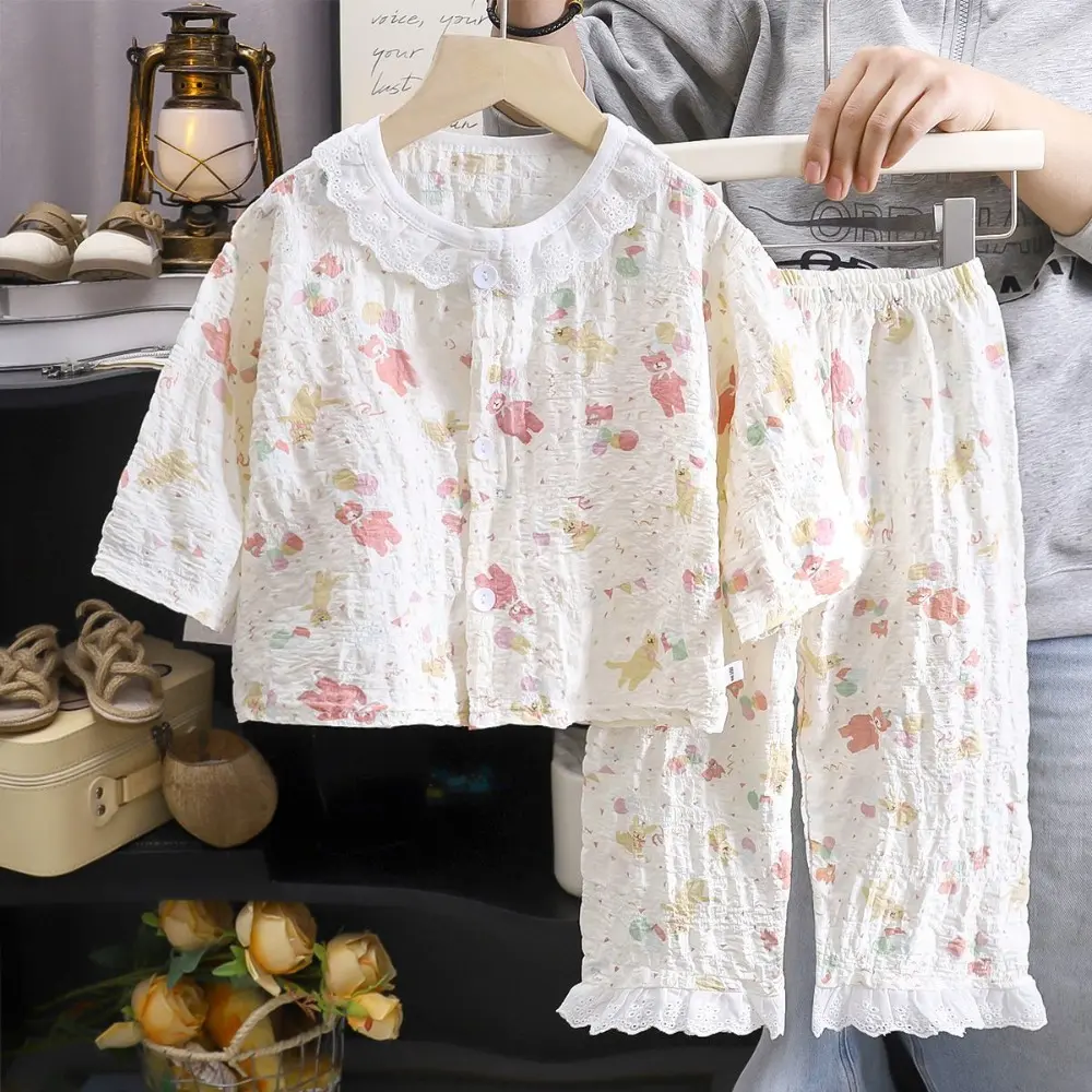 Bear Leader Girls Pajamas Spring/Autumn Long Sleeved Kids Home Clothes Lace Round Neck Cartoon Printed Single Breasted Top+Pants