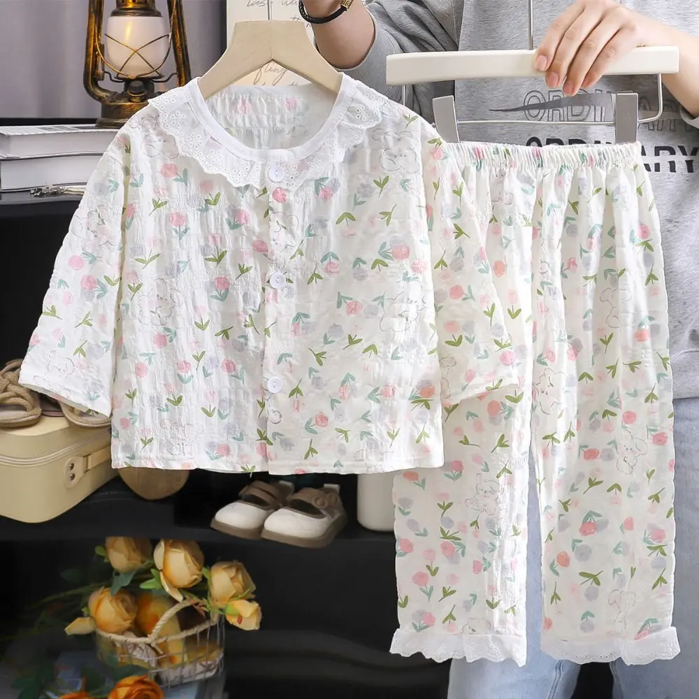 Bear Leader Girls Pajamas Spring/Autumn Long Sleeved Kids Home Clothes Lace Round Neck Cartoon Printed Single Breasted Top+Pants