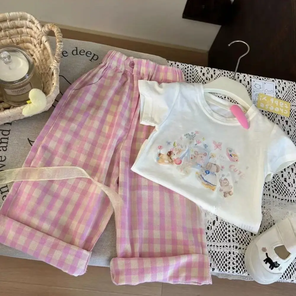 Bear Leader 3-7 Years Summer New Kids Clothes Girls Casual Clothes Cartoon Animal Print T-shirt+Pink Checkered Pants 2-piece Set