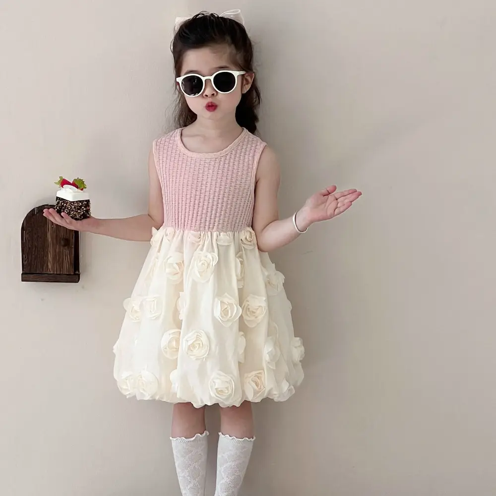 Bear Leader Spring Baby Girl Clothes 3D Flower Splicing Tank Top Princess Dress + Long Sleeves Coat Pink Sweet Children's Set