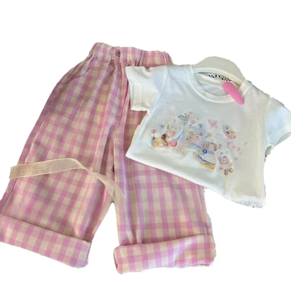 Bear Leader 3-7 Years Summer New Kids Clothes Girls Casual Clothes Cartoon Animal Print T-shirt+Pink Checkered Pants 2-piece Set