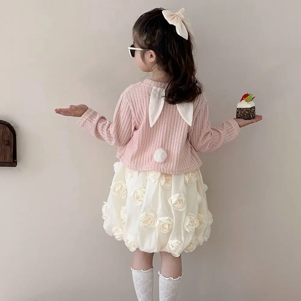 Bear Leader Spring Baby Girl Clothes 3D Flower Splicing Tank Top Princess Dress + Long Sleeves Coat Pink Sweet Children's Set