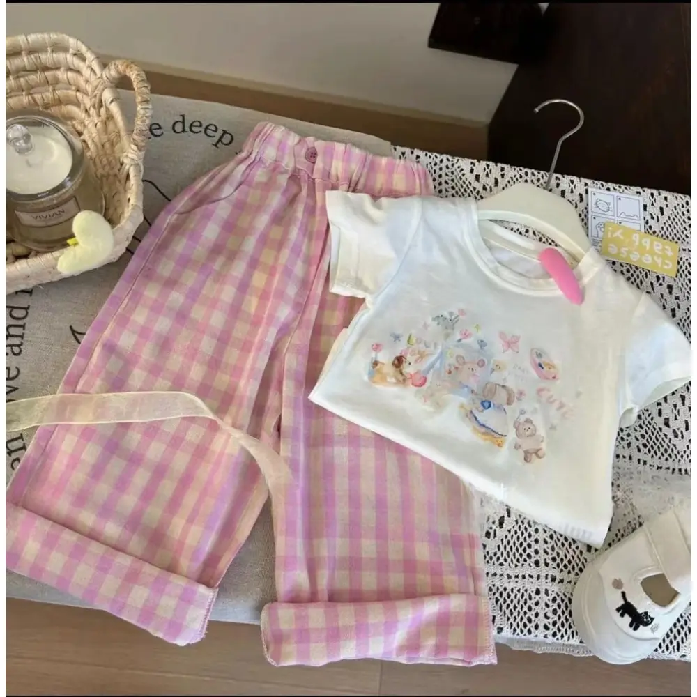 Bear Leader 3-7 Years Summer New Kids Clothes Girls Casual Clothes Cartoon Animal Print T-shirt+Pink Checkered Pants 2-piece Set