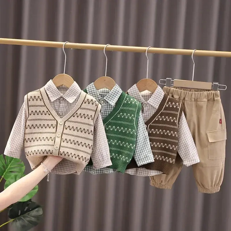 Bear Leader 2024 Autumn Korean Children's Shirt Sweater Three Piece Set for Boys  Autumn Long Sleeved Children's Set Trendy