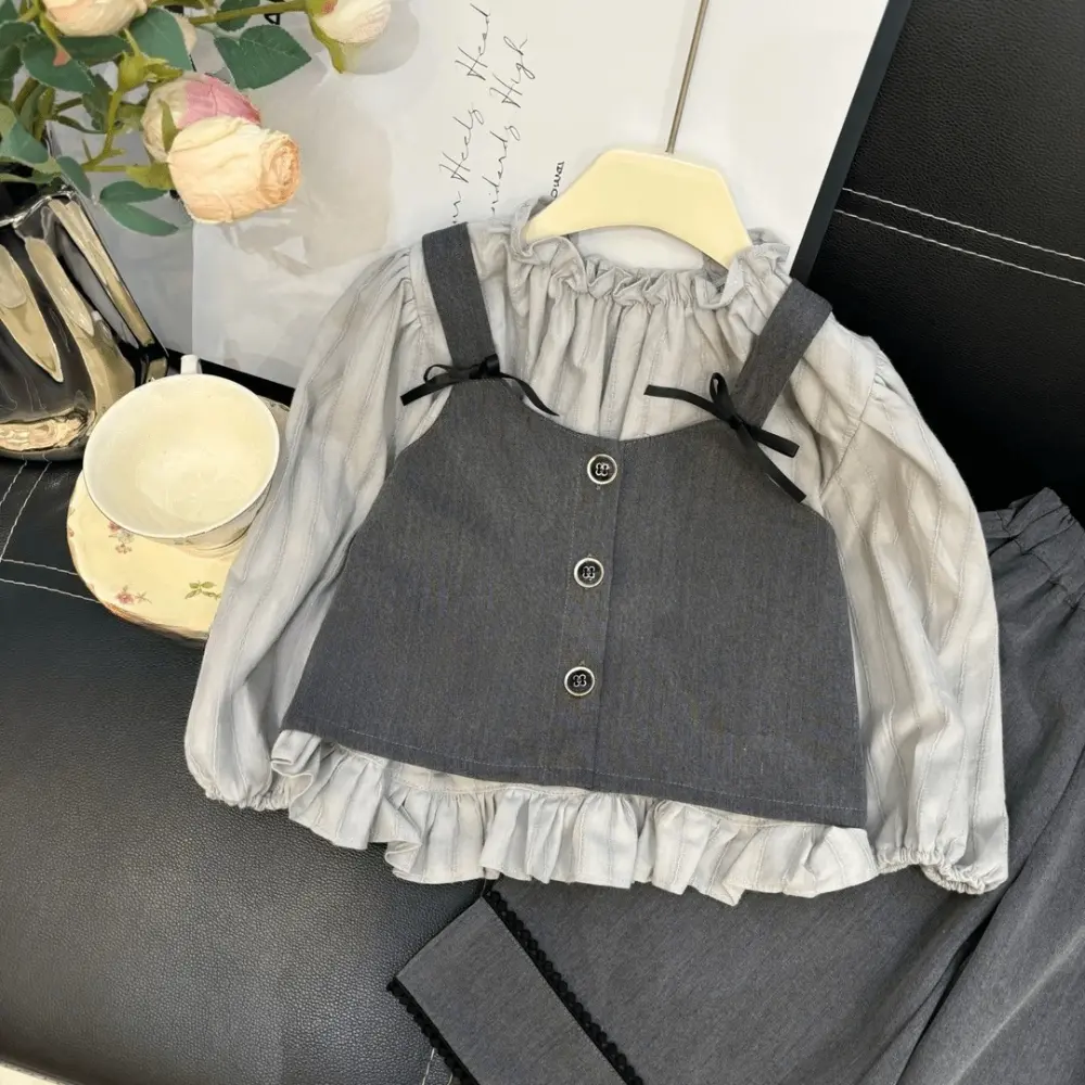 Bear Leader Korean Edition Grey Girls' Suit Bow Vest+Long Sleeve Doll Shirt+Wide Leg Pants 3 Pcs Set Autumn Fashion Kids Clothes