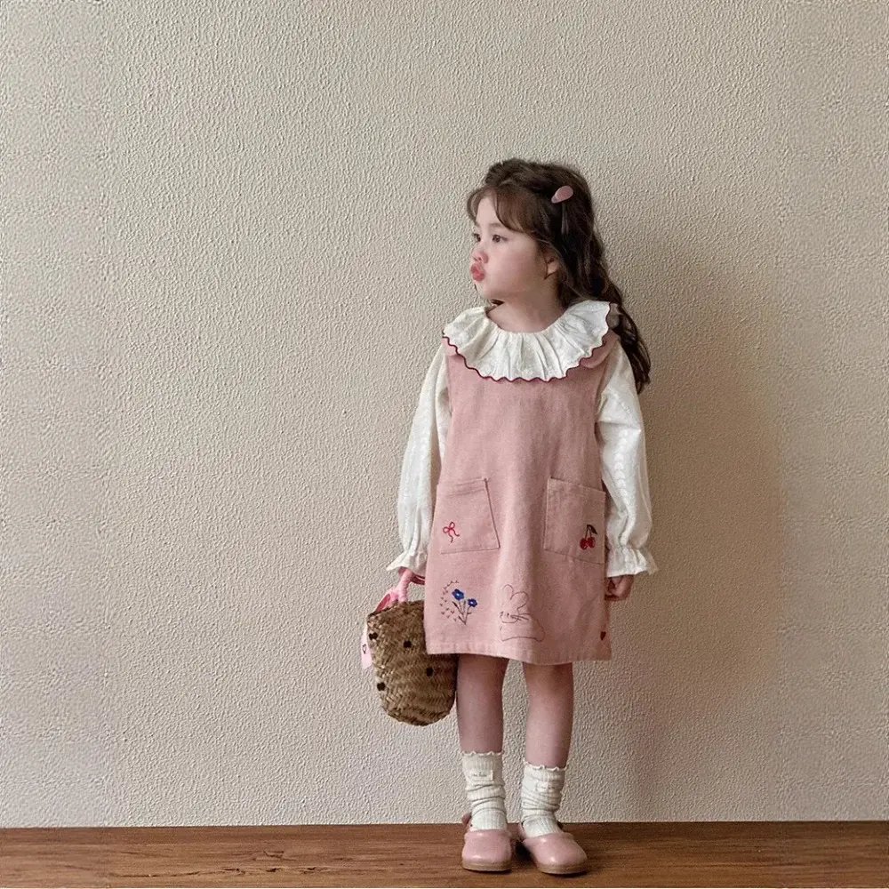 Bear Leader Pink Girls' Suit Autumn New Long Sleeved Doll Collar Shirt Top + Flower Rabbit Print Suspender dress Two-piece Set