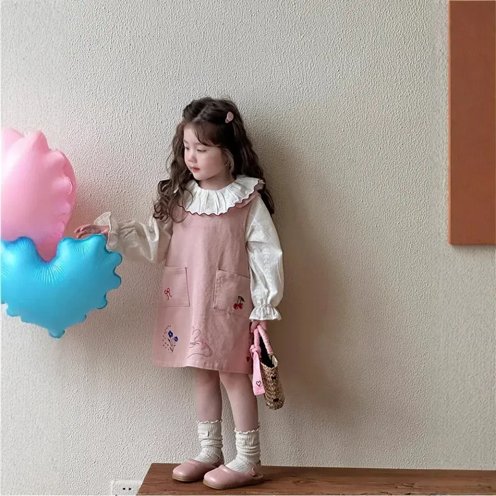 Bear Leader Pink Girls' Suit Autumn New Long Sleeved Doll Collar Shirt Top + Flower Rabbit Print Suspender dress Two-piece Set