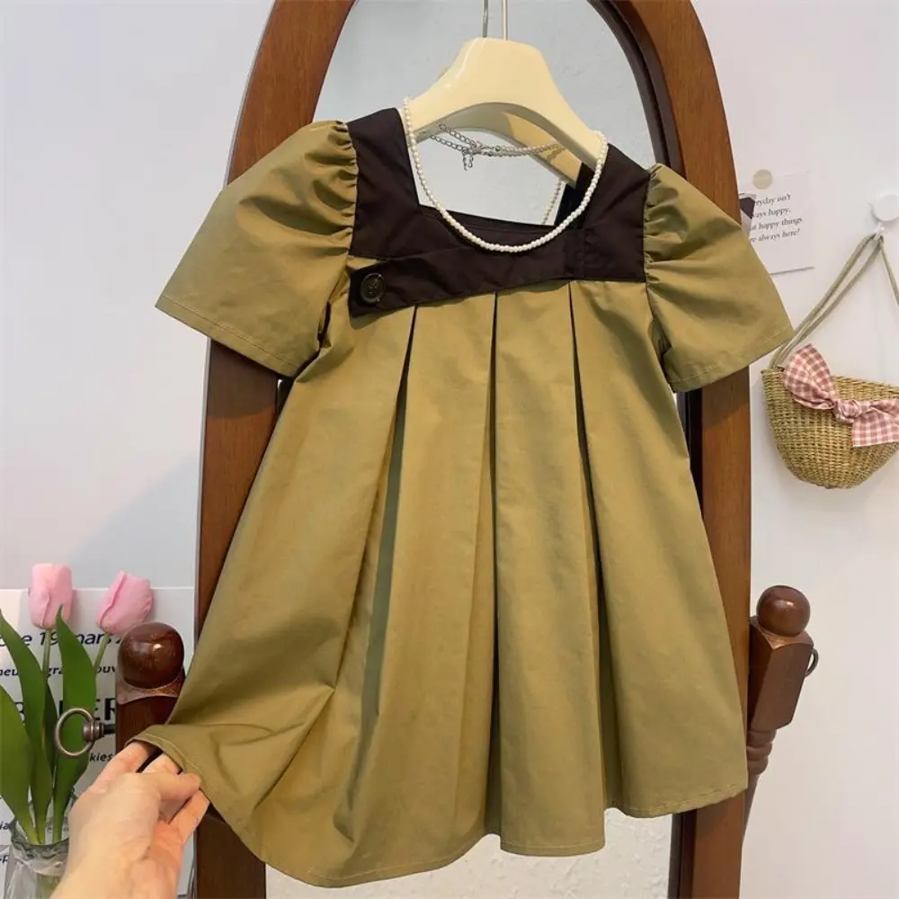 Bear Leader Summer Korean Version Girls Casual Dresses Short Sleeved Solid Color Color Blocked Square Neck Pleated Kids Dress