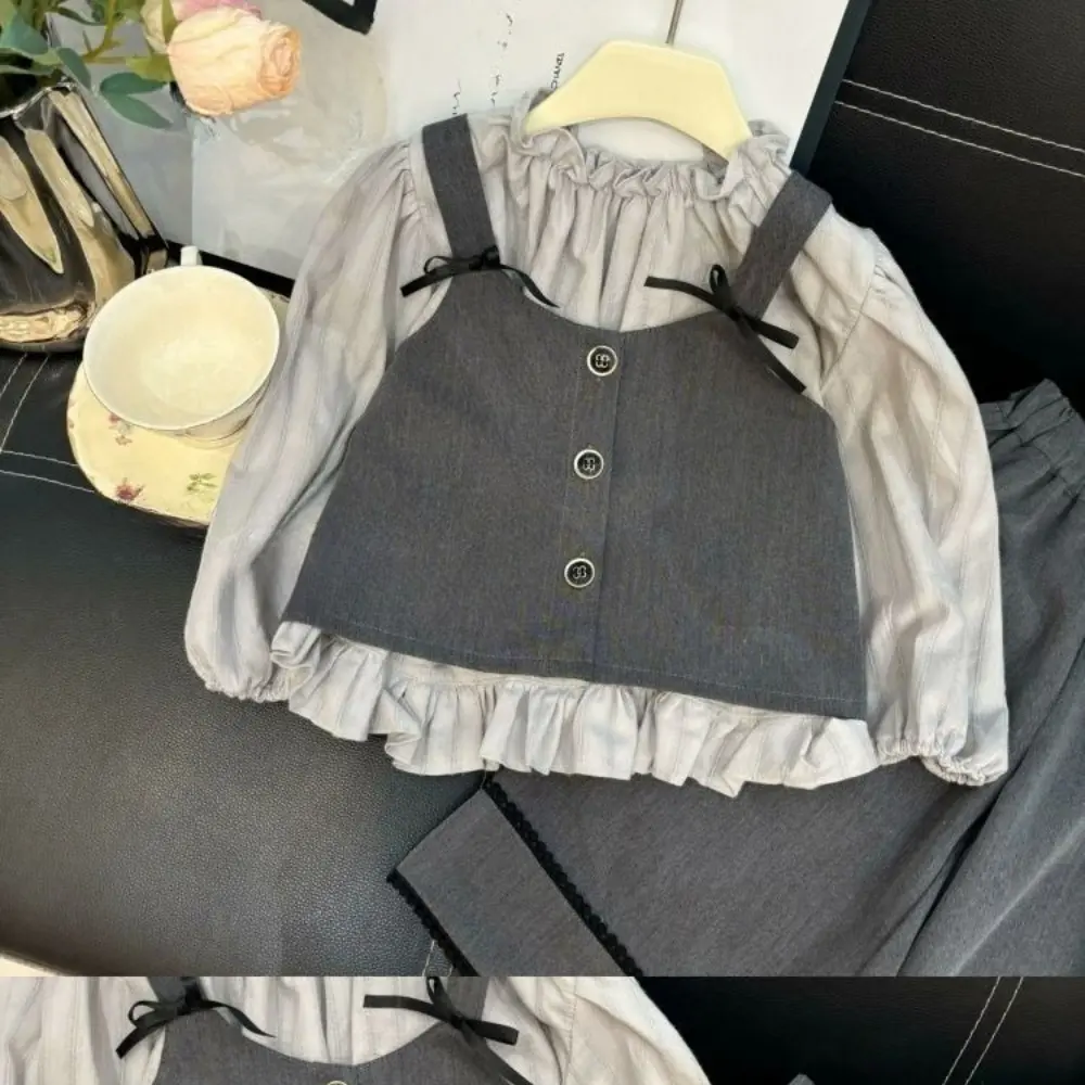 Bear Leader Korean Edition Grey Girls' Suit Bow Vest+Long Sleeve Doll Shirt+Wide Leg Pants 3 Pcs Set Autumn Fashion Kids Clothes