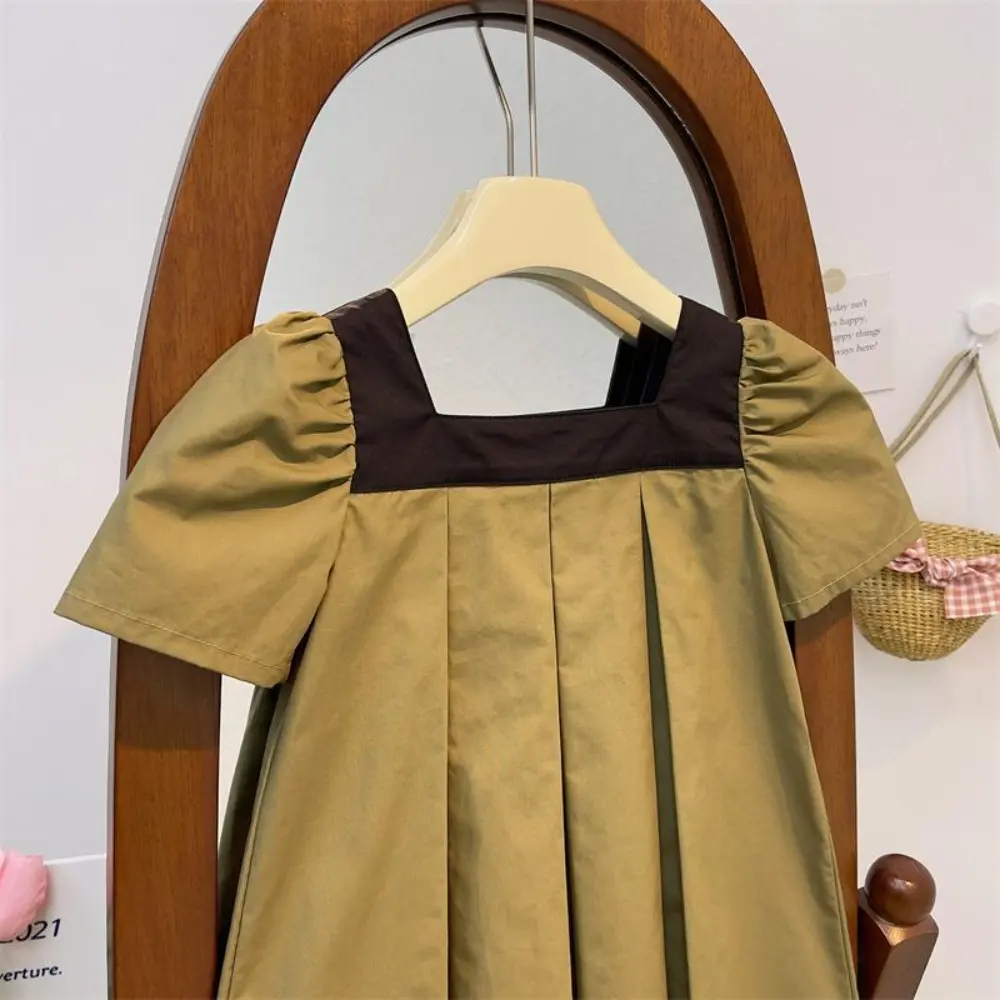 Bear Leader Summer Korean Version Girls Casual Dresses Short Sleeved Solid Color Color Blocked Square Neck Pleated Kids Dress