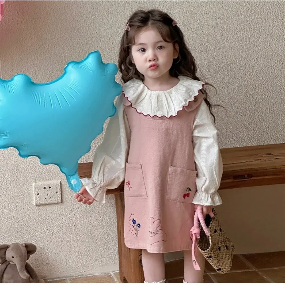 Bear Leader Pink Girls' Suit Autumn New Long Sleeved Doll Collar Shirt Top + Flower Rabbit Print Suspender dress Two-piece Set