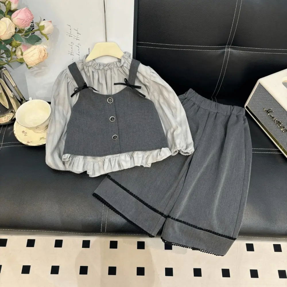 Bear Leader Korean Edition Grey Girls' Suit Bow Vest+Long Sleeve Doll Shirt+Wide Leg Pants 3 Pcs Set Autumn Fashion Kids Clothes