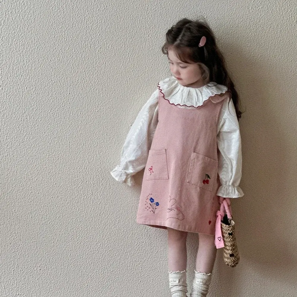 Bear Leader Pink Girls' Suit Autumn New Long Sleeved Doll Collar Shirt Top + Flower Rabbit Print Suspender dress Two-piece Set