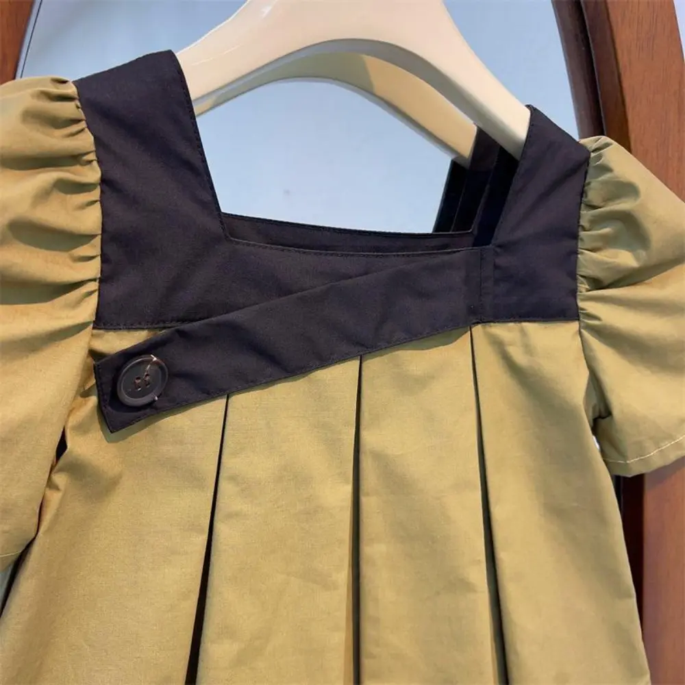 Bear Leader Summer Korean Version Girls Casual Dresses Short Sleeved Solid Color Color Blocked Square Neck Pleated Kids Dress
