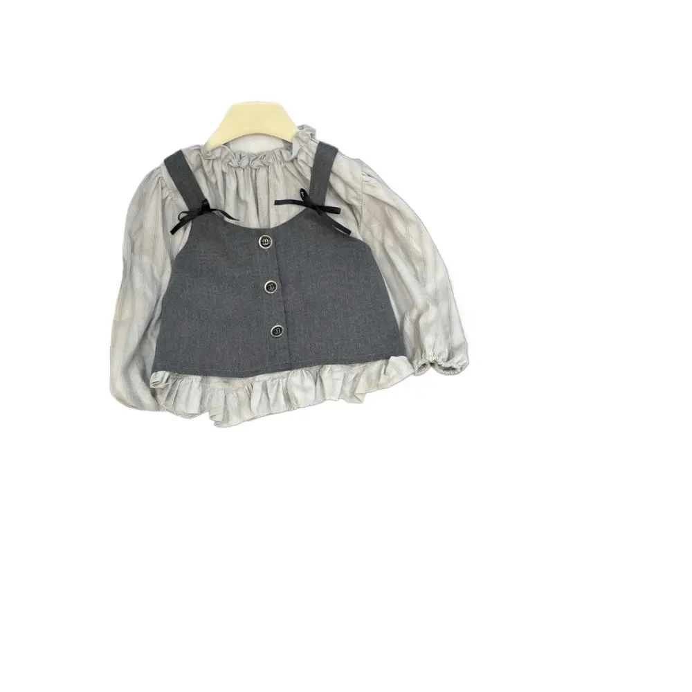Bear Leader Korean Edition Grey Girls' Suit Bow Vest+Long Sleeve Doll Shirt+Wide Leg Pants 3 Pcs Set Autumn Fashion Kids Clothes