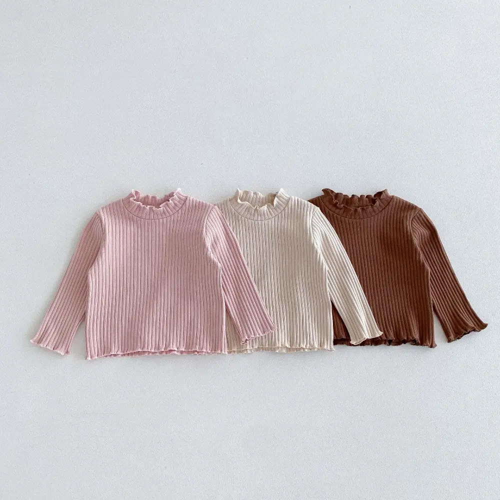 Bear Leader Autumn Solid Color Long Sleeved Girls' Top Korean Version Pit Stripe Round Neck T-shirt Casual Children's Clothing