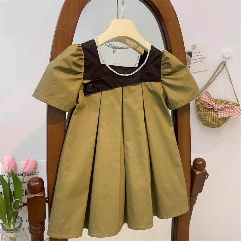 Bear Leader Summer Korean Version Girls Casual Dresses Short Sleeved Solid Color Color Blocked Square Neck Pleated Kids Dress