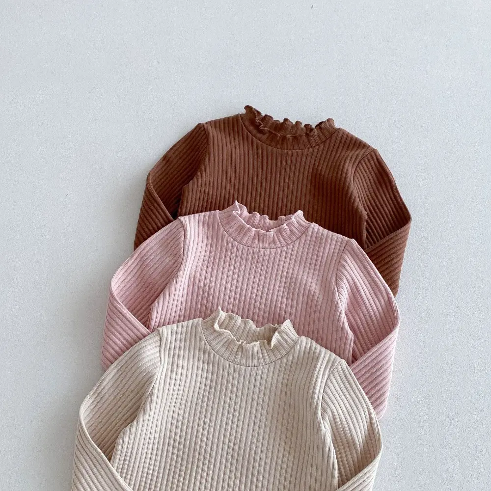 Bear Leader Autumn Solid Color Long Sleeved Girls' Top Korean Version Pit Stripe Round Neck T-shirt Casual Children's Clothing