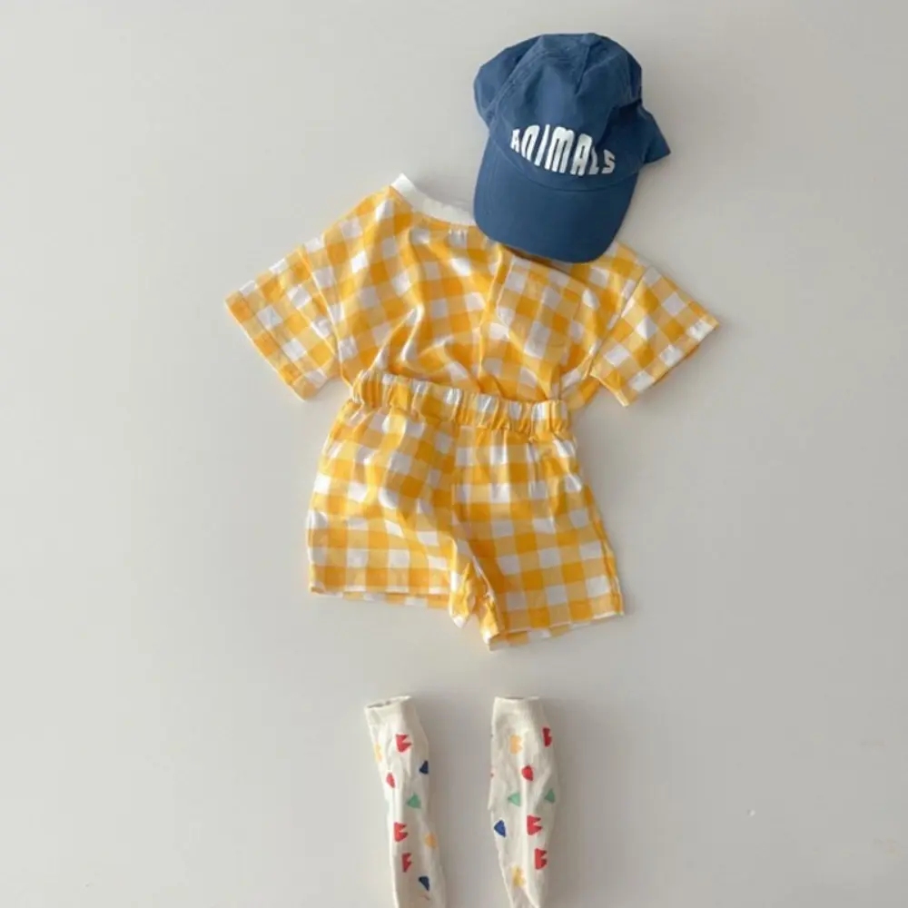 Bear Leader Korean version Plaid Children's Set Summer Short Sleeved Love Printed Top+Shorts Fashion Casual Baby Girl Clothes