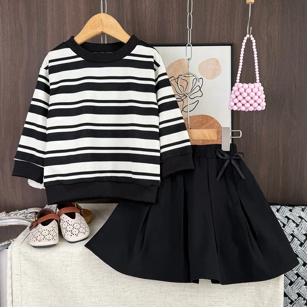 Bear Leader Korean Version Children's Sets Autumn New Long Sleeved Striped Printed Top+Black Pleated Skirt Daily Girls Clothes
