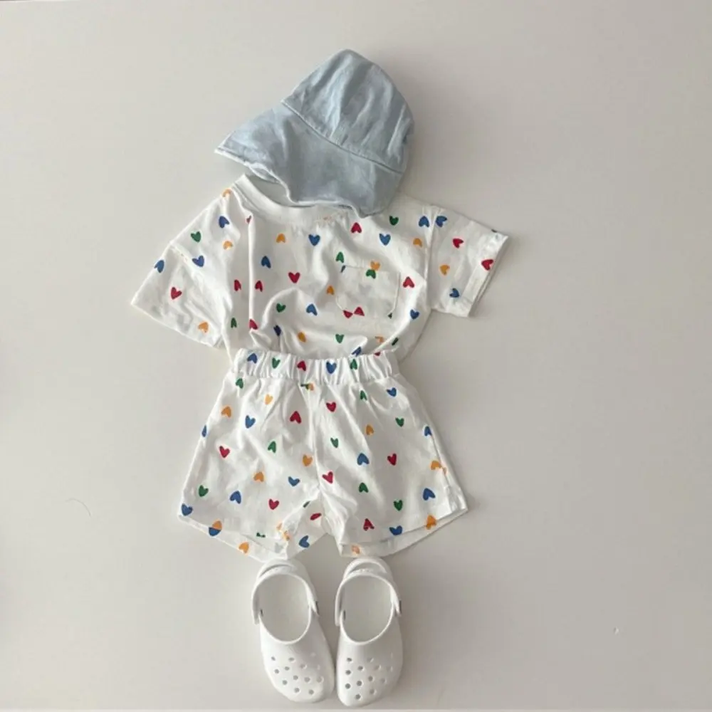Bear Leader Korean version Plaid Children's Set Summer Short Sleeved Love Printed Top+Shorts Fashion Casual Baby Girl Clothes