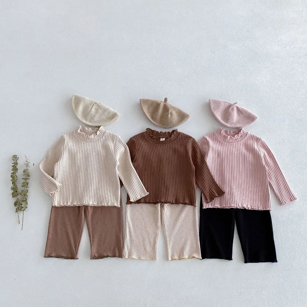 Bear Leader Autumn Solid Color Long Sleeved Girls' Top Korean Version Pit Stripe Round Neck T-shirt Casual Children's Clothing