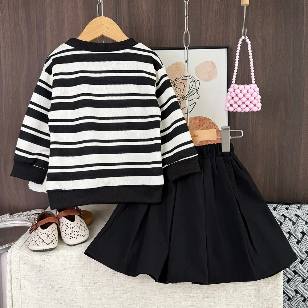 Bear Leader Korean Version Children's Sets Autumn New Long Sleeved Striped Printed Top+Black Pleated Skirt Daily Girls Clothes