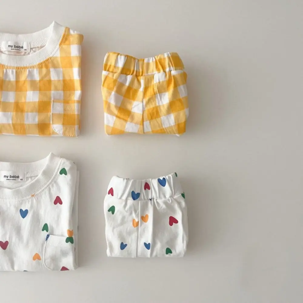 Bear Leader Korean version Plaid Children's Set Summer Short Sleeved Love Printed Top+Shorts Fashion Casual Baby Girl Clothes