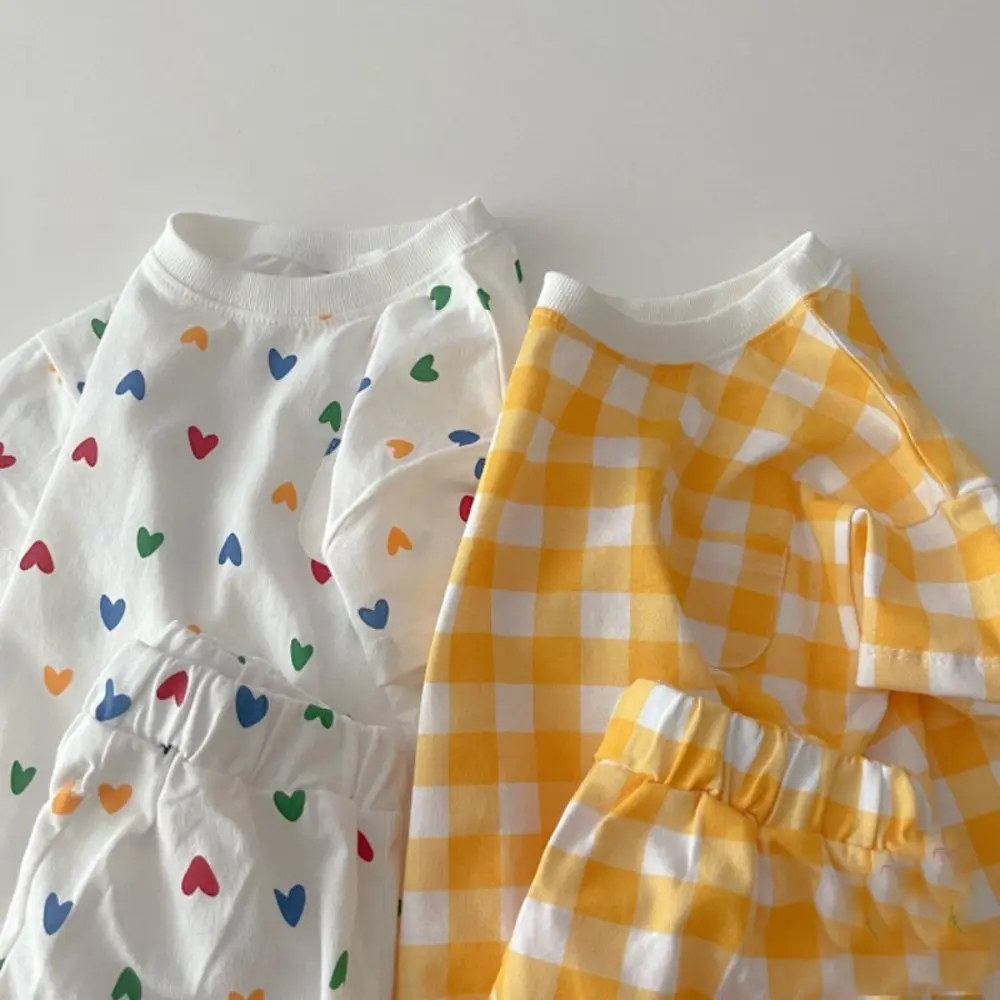 Bear Leader Korean version Plaid Children's Set Summer Short Sleeved Love Printed Top+Shorts Fashion Casual Baby Girl Clothes