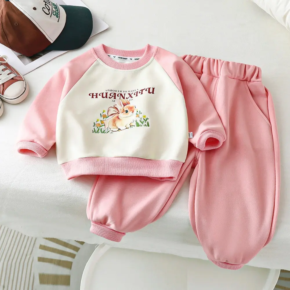 Bear Leader Autumn New Long Sleeved Cartoon Printed Top + Pants Sweatshirt Set Sweet and Cute Color Blocked Girls' Clothing