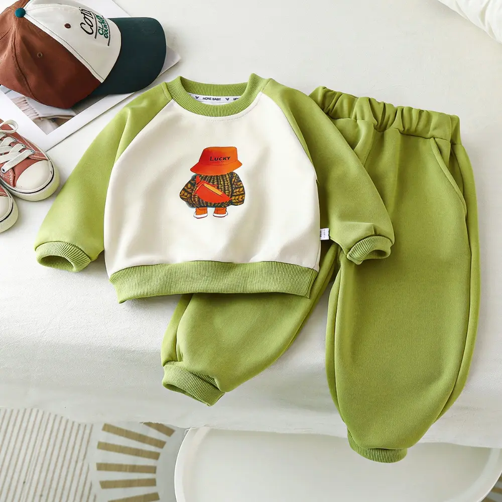 Bear Leader Autumn New Long Sleeved Cartoon Printed Top + Pants Sweatshirt Set Sweet and Cute Color Blocked Girls' Clothing