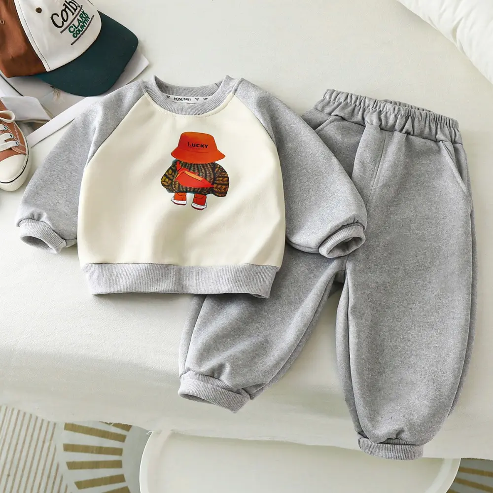 Bear Leader Autumn New Long Sleeved Cartoon Printed Top + Pants Sweatshirt Set Sweet and Cute Color Blocked Girls' Clothing
