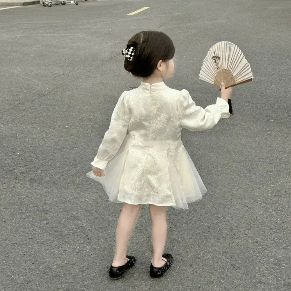 Bear Leader Beige Girls Clothes Autumn Long Sleeved Mesh Tassel Cheongsam Dress Korean Version Solid Color Kids Casual Dresses