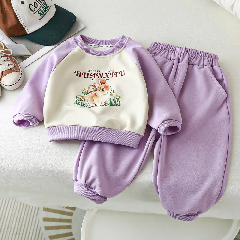 Bear Leader Autumn New Long Sleeved Cartoon Printed Top + Pants Sweatshirt Set Sweet and Cute Color Blocked Girls' Clothing