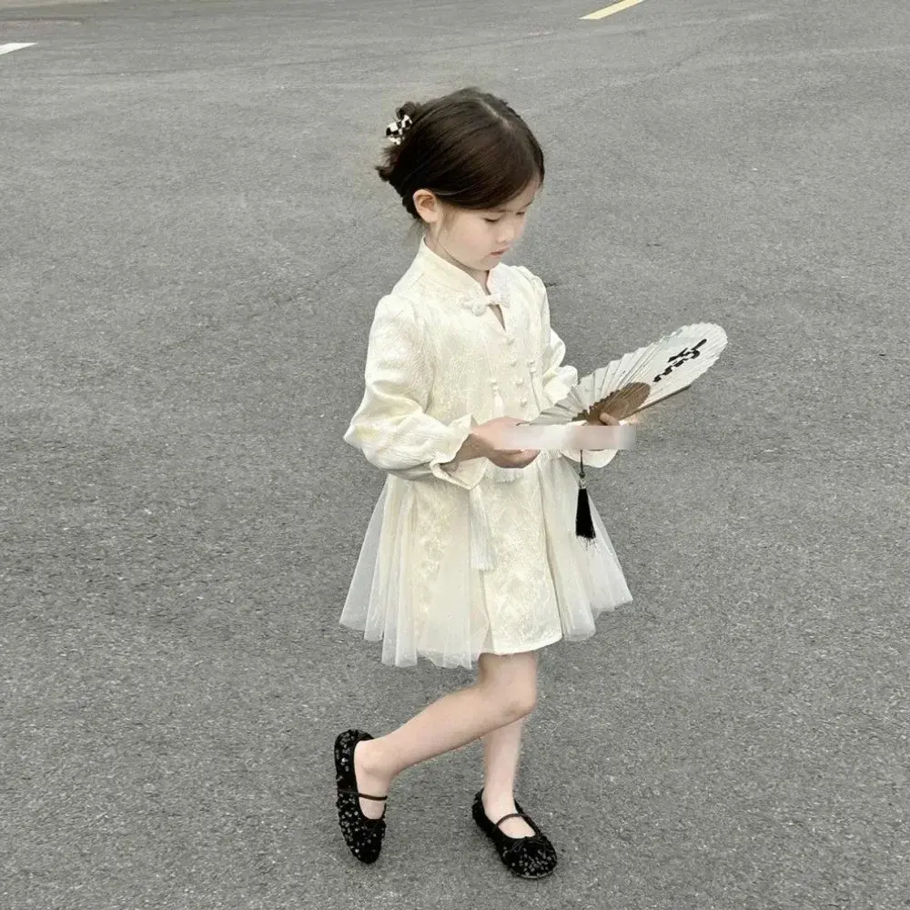Bear Leader Beige Girls Clothes Autumn Long Sleeved Mesh Tassel Cheongsam Dress Korean Version Solid Color Kids Casual Dresses