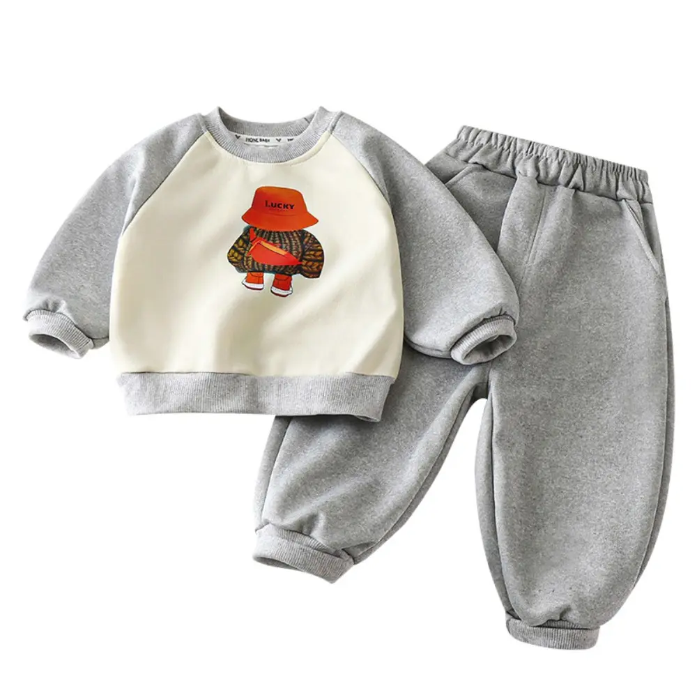 Bear Leader Autumn New Long Sleeved Cartoon Printed Top + Pants Sweatshirt Set Sweet and Cute Color Blocked Girls' Clothing