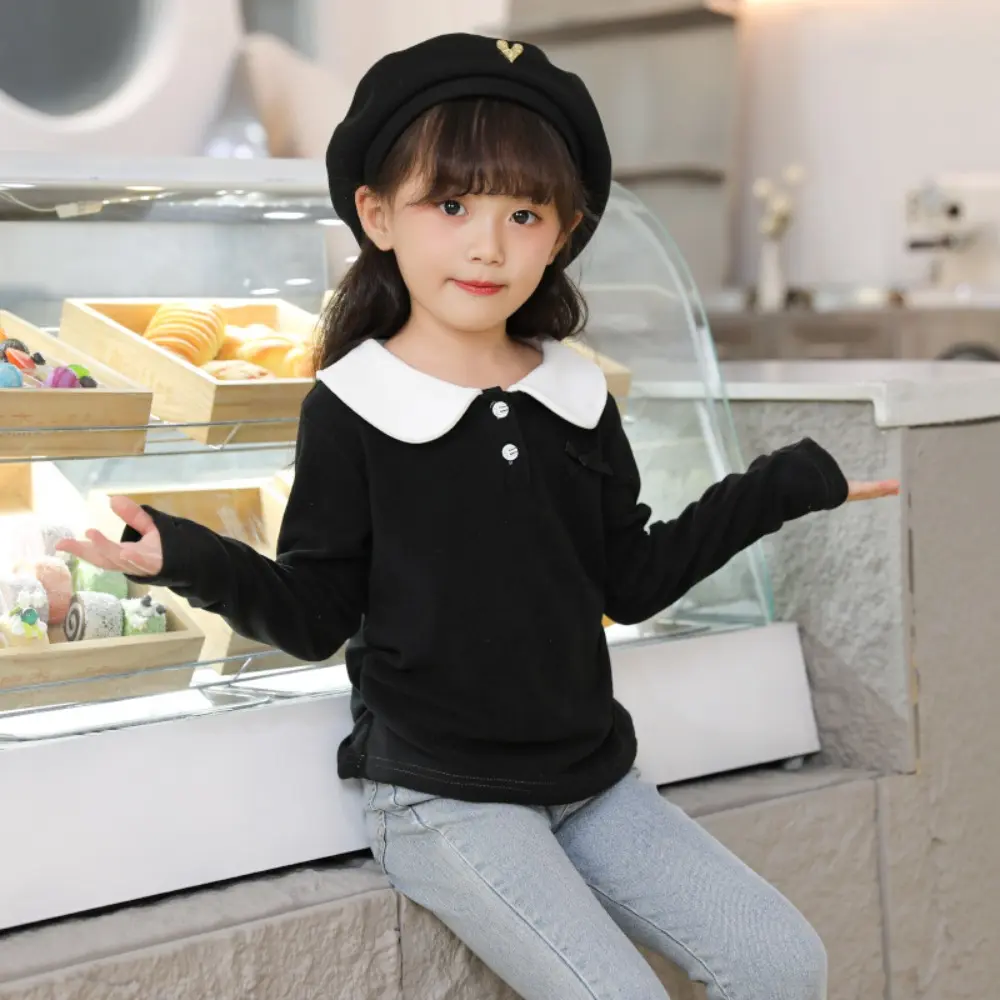 Bear Leader Spring and Autumn New Girls' Top Long Sleeve Collar Solid Color Base Shirt Basic Simple Children's T-shirt
