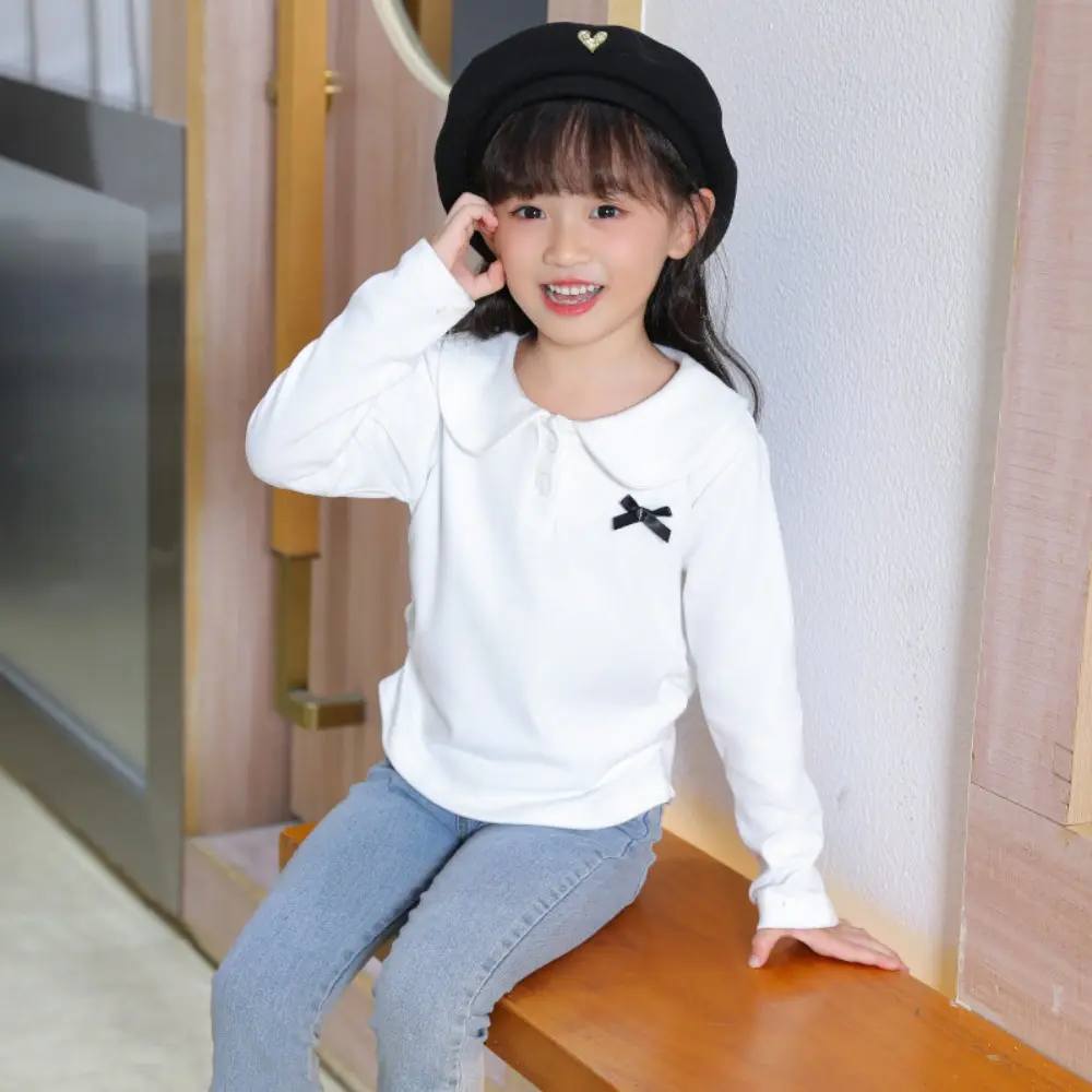 Bear Leader Spring and Autumn New Girls' Top Long Sleeve Collar Solid Color Base Shirt Basic Simple Children's T-shirt