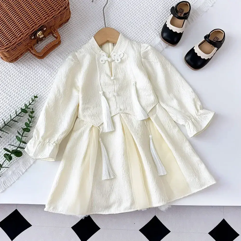 Bear Leader Beige Girls Clothes Autumn Long Sleeved Mesh Tassel Cheongsam Dress Korean Version Solid Color Kids Casual Dresses