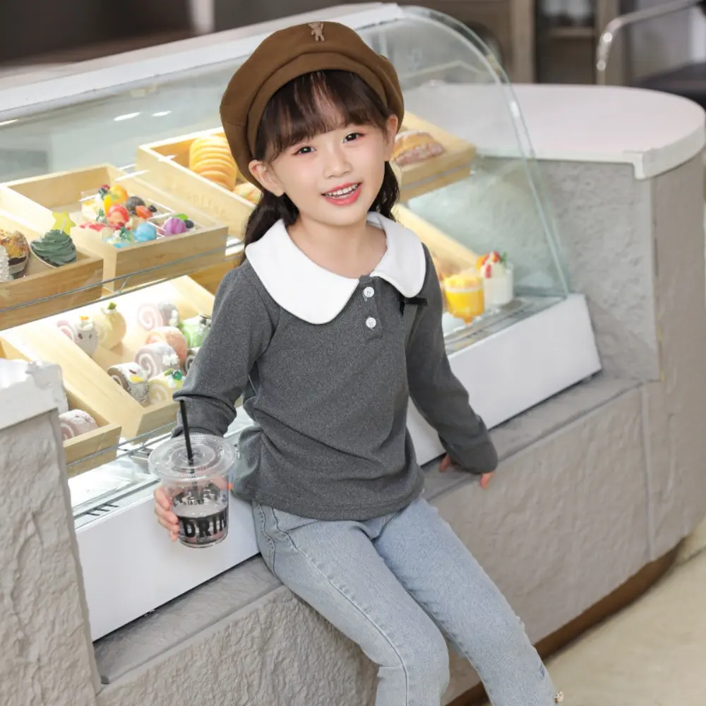 Bear Leader Spring and Autumn New Girls' Top Long Sleeve Collar Solid Color Base Shirt Basic Simple Children's T-shirt