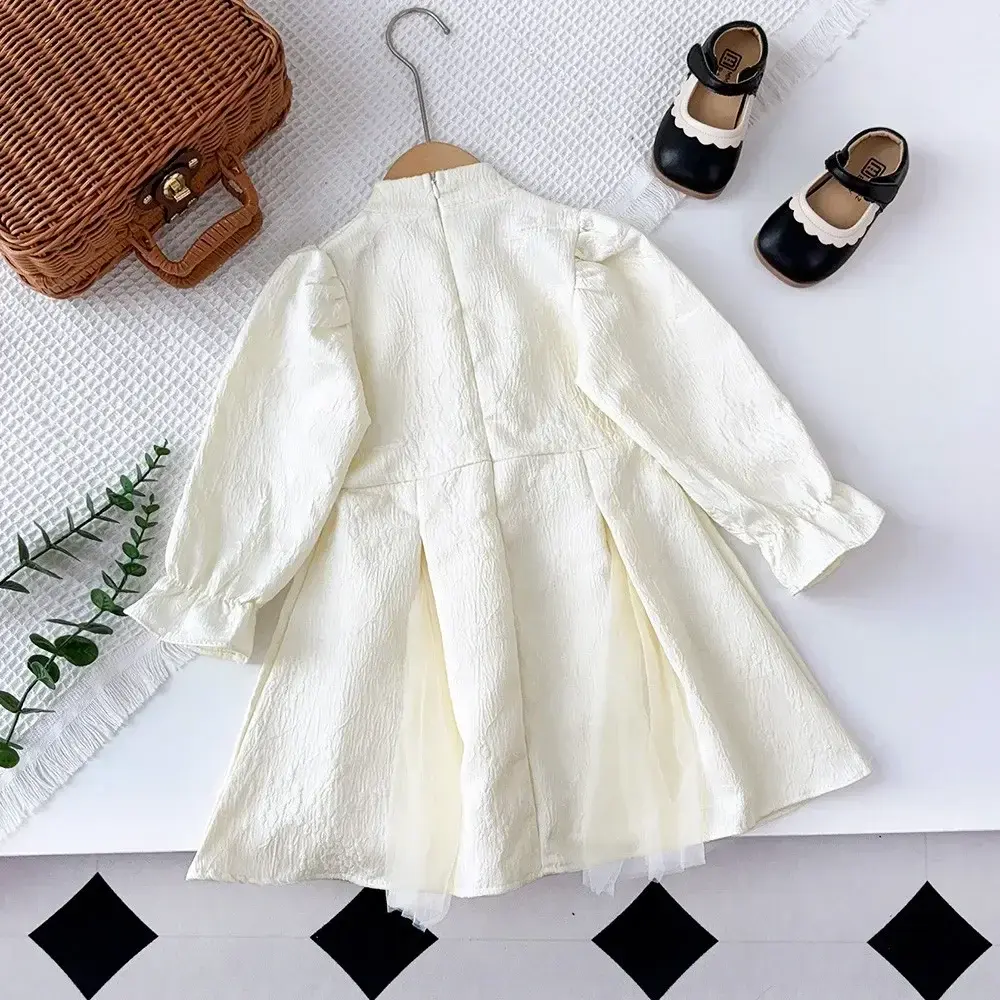 Bear Leader Beige Girls Clothes Autumn Long Sleeved Mesh Tassel Cheongsam Dress Korean Version Solid Color Kids Casual Dresses