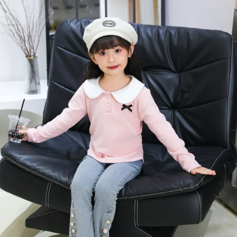 Bear Leader Spring and Autumn New Girls' Top Long Sleeve Collar Solid Color Base Shirt Basic Simple Children's T-shirt