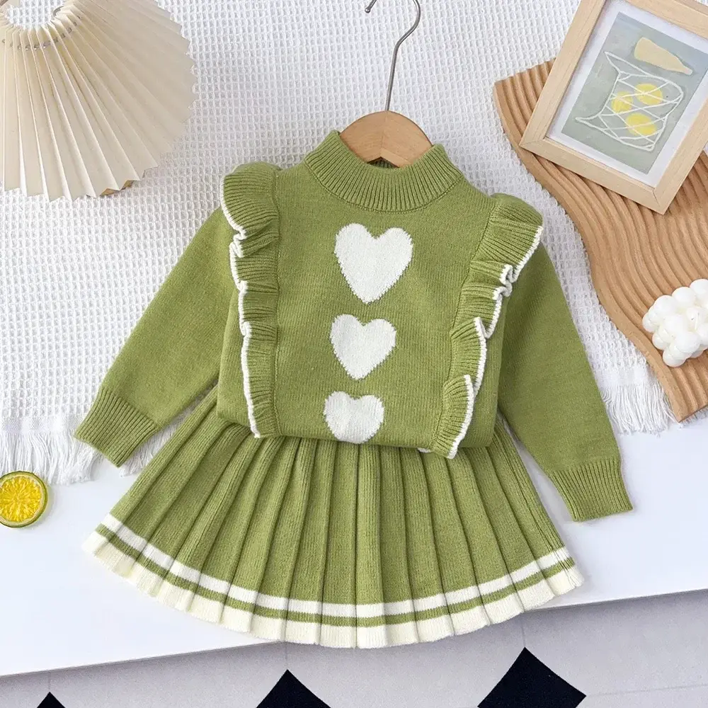 Bear Leader Winter Fashion Girls Clothes Red Christmas Party Clothing Heart Printed Knitted Sweater+pleated Skirt 2-piece Set