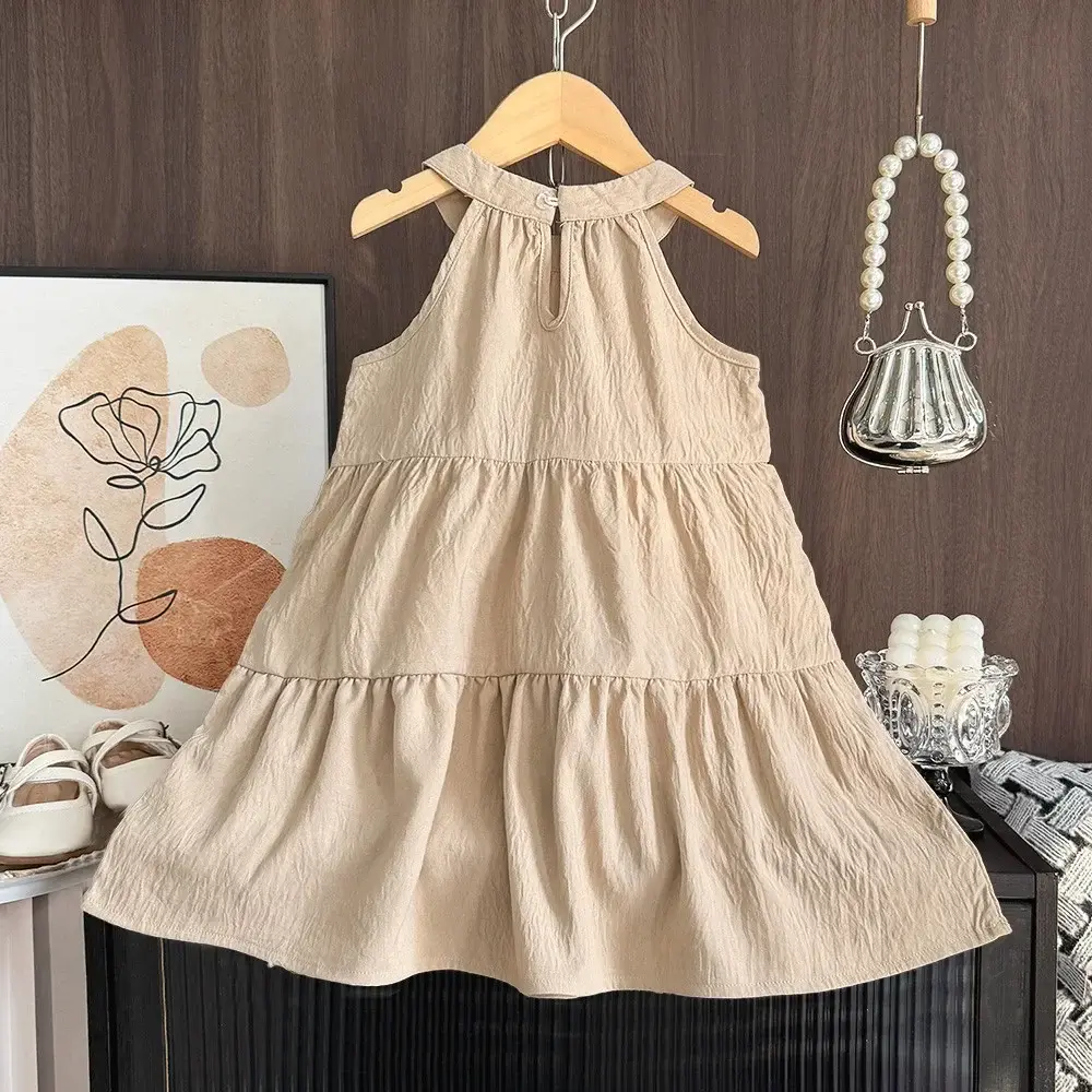 Bear Leader Korean Version Plain Princess Dress Summer Solid Color Neck Hanging Girls Clothes 3-7 Years Kids Fashion Wear