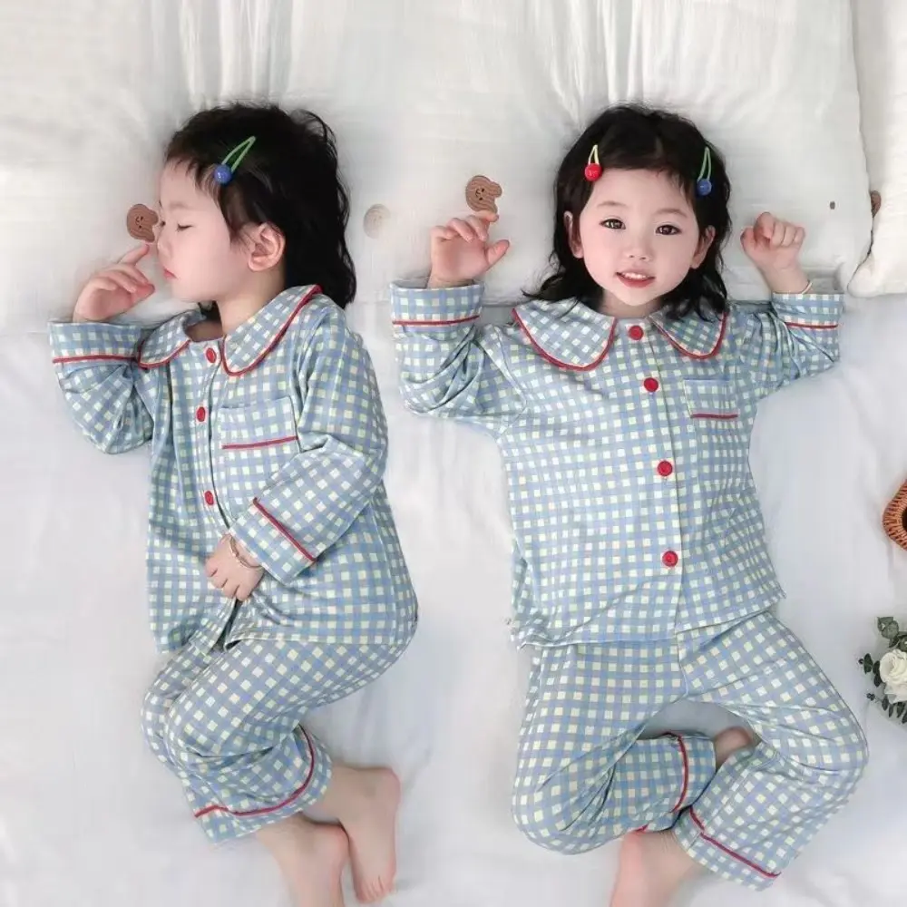Bear Leader Kids Sleepwear Autumn Home Wear Korean Checkered Girls Clothes Long Sleeved Cartoon Print Top+Pants Children's Set